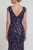 Sparkly Sheath Cap Sleeves Long Mother of the Bride Dress with Sequins