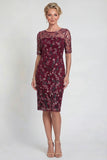 Burgundy Sheath Sequins Boat Neck Midi Mother of the Bride Dress
