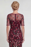 Burgundy Sheath Sequins Boat Neck Midi Mother of the Bride Dress