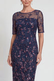Burgundy Sheath Sequins Boat Neck Midi Mother of the Bride Dress