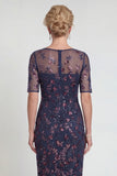 Burgundy Sheath Sequins Boat Neck Midi Mother of the Bride Dress