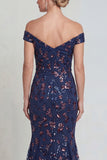 Navy Mermaid Off The Shoulder Long Mother of the Bride Dress with Sequins
