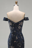 Off The Shoulder Navy Floral Beaded Mermaid Long Mother Of The Bride Dress