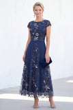 Sparkly Navy Sheath Sequins Boat Neck Midi Mother of the Bride Dress