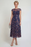 Sparkly Navy Sheath Sequins Boat Neck Midi Mother of the Bride Dress