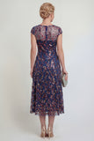 Sparkly Navy Sheath Sequins Boat Neck Midi Mother of the Bride Dress
