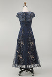 Sparkly Navy Sheath Sequins Boat Neck Midi Mother of the Bride Dress