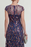 Sparkly Navy Sheath Sequins Boat Neck Midi Mother of the Bride Dress