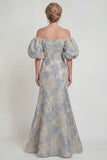 Floral Dusty Blue Mermaid Off The Shoulder Mother Of Bride Dress