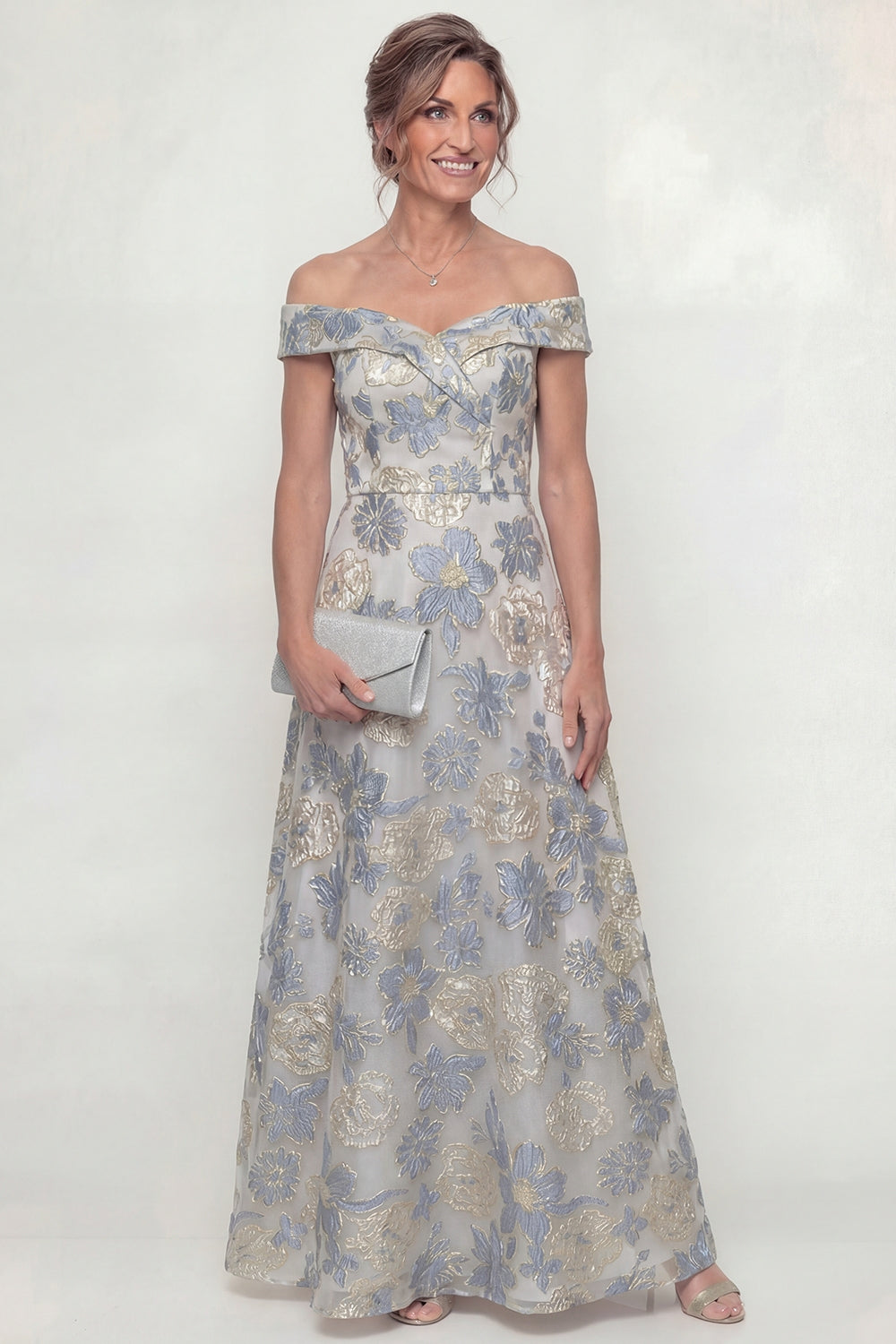 mother of the bride dresses dusty blue Zapaka Women Dusty Blue Long Mother of The Bride Dress A-Line Off The Shoulder Jacquard Wedding Guest Dress, Dusty Blue / US8