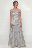 Dusty Blue A Line Off The Shoulder Jacquard Long Mother of the Bride Dress