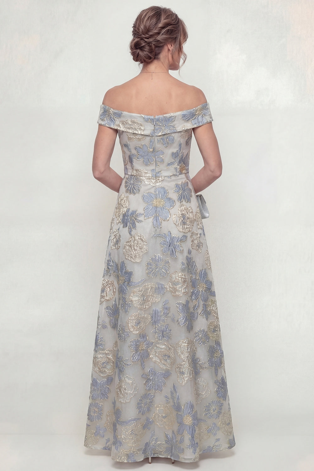 jacquard wedding guest dress Zapaka Women Dusty Blue Long Mother of The Bride Dress A-Line Off The Shoulder Jacquard Wedding Guest Dress, Dusty Blue / US8