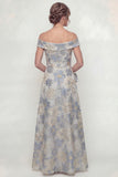 Dusty Blue A Line Off The Shoulder Jacquard Long Mother of the Bride Dress