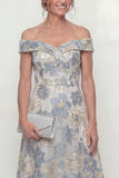 Dusty Blue A Line Off The Shoulder Jacquard Long Mother of the Bride Dress