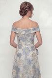 Dusty Blue A Line Off The Shoulder Jacquard Long Mother of the Bride Dress