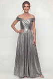 Metallic Silver Off The Shoulder Ruched A Line Long Mother of the Bride Dress