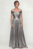 Metallic Silver Off The Shoulder Ruched A Line Long Mother of the Bride Dress