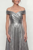 Metallic Silver Off The Shoulder Ruched A Line Long Mother of the Bride Dress