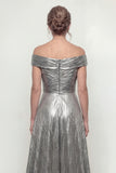 Metallic Silver Off The Shoulder Ruched A Line Long Mother of the Bride Dress