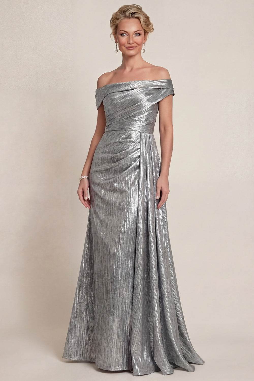 Zapaka Women Grey Silver A-Line Mother of The Bride Dress Off The Shoulder Ruched Long Wedding Guest Dress, Grey Silver / US20W Zapaka Women Grey Silver A-Line Mother of The Bride Dress Off The Shoulder Ruched Long Wedding Guest Dress, Grey Silver / US20W