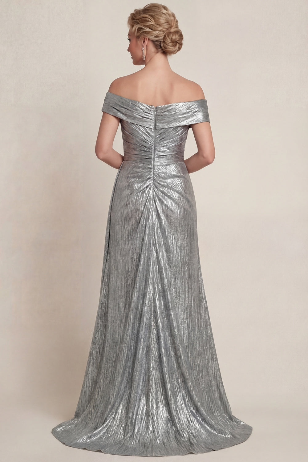Zapaka Women Grey Silver A-Line Mother of the Bride Dress Off The Shoulder Ruched Long Wedding Guest Dress ZAPAKA Zapaka Women Grey Silver A-Line Mother of the Bride Dress Off The Shoulder Ruched Long Wedding Guest Dress ZAPAKA
