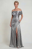 Off The Shoulder Grey Silver A Line Ruched Mother Of Bride Dress with Pockets