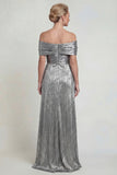 Grey Silver A Line Off The Shoulder Ruched Mother of the Bride Dress with Slit