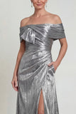 Off The Shoulder Grey Silver A Line Ruched Mother Of Bride Dress with Pockets