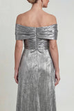 Off The Shoulder Grey Silver A Line Ruched Mother Of Bride Dress with Pockets