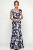 Navy Mermaid Printed Floral Mother of the Bride Dress with Cap Sleeves