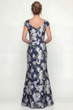 Navy Mermaid Printed Floral Mother of the Bride Dress with Cap Sleeves