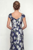 Navy Mermaid Printed Floral Mother of the Bride Dress with Cap Sleeves