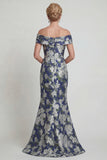 Navy Floral Off The Shoulder Mermaid Printed Mother of the Bride Dress with Pockets