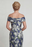Navy Floral Off The Shoulder Mermaid Printed Mother of the Bride Dress with Pockets