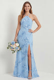 Light Blue Halter Embroidered Sheath Long Bridesmaid Dress with Slit