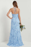 Light Blue Halter Embroidered Sheath Long Bridesmaid Dress with Slit