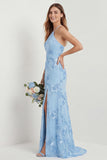 Light Blue Halter Embroidered Sheath Long Bridesmaid Dress with Slit
