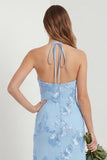 Light Blue Halter Embroidered Sheath Long Bridesmaid Dress with Slit