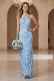 Light Blue Sheath Halter Open Back Long Bridesmaid Dress with Embroidery