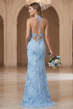 Light Blue Sheath Halter Open Back Long Bridesmaid Dress with Embroidery