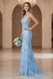 Light Blue Sheath Halter Open Back Long Bridesmaid Dress with Embroidery
