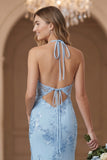Light Blue Sheath Halter Open Back Long Bridesmaid Dress with Embroidery