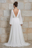 Ivory V Neck Long Sleeves Floral Wedding Dress with Slit