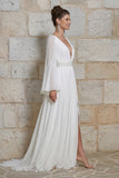Ivory V Neck Long Sleeves Floral Wedding Dress with Slit