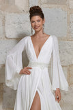 Ivory V Neck Long Sleeves Floral Wedding Dress with Slit