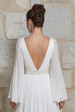 Ivory V Neck Long Sleeves Floral Wedding Dress with Slit