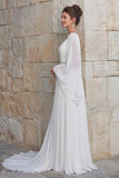 Sparkly Ivory Chiffon A Line V Neck Long Wedding Dress with Slit