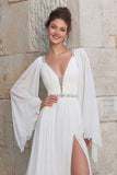 Sparkly Ivory Chiffon A Line V Neck Long Wedding Dress with Slit