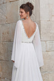 Sparkly Ivory Chiffon A Line V Neck Long Wedding Dress with Slit