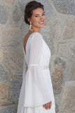 Sparkly Ivory Beaded V Neck Long Sleeves Wedding Dress with Slit